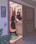anthro applying_makeup bathroom black_clothing bottomwear brown_hair clothing ear_piercing female grey_streaks hair hallway houseplant leg_markings lipstick makeup markings mature_female mirror personal_grooming piercing sink skirt sleeveless_clothing socks_(marking) solo sweater tail tired_eyes topwear turtleneck vvvukkk canid canine fox mammal digital_media_(artwork) hi_res signature