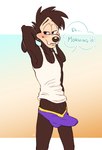 anthro blush clothed clothing dialogue erection erection_under_clothing hand_behind_head male shirt solo tank_top text topwear underwear 4pcsset disney goof_troop max_goof canid canine canis domestic_dog mammal english_text hi_res