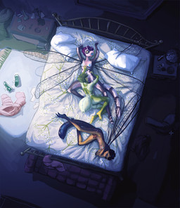 ahegao andromorph andromorph/gynomorph anthro arthropod_abdomen balls beard bed bed_sheet bedding cerci_(anatomy) detailed_background facial_hair fellatio furniture genitals group gynomorph insect_wings intersex intersex/intersex lamp looking_pleasured on_bed oral penile penis sex sleeping small_penis trio wings chirasul arachnid arthropod damselfly insect spider hi_res trans_(lore) trans_man_(lore) trans_woman_(lore)