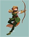 2024 action_pose aiming anthro arrow_(weapon) belt bow_(weapon) breasts canid canine clothing disney eyebrows eyelashes female fox fur gloves green_clothing handwear hi_res hood maid_marian mammal orange_body orange_fur pose powree quiver_(object) ranged_weapon red_fox robin_hood_(disney) solo true_fox weapon white_body white_fur
