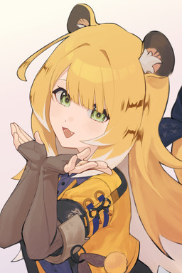 animal_ears bent_arm blonde_hair clothed clothing collared_shirt dress_shirt fangs female fluffy_ears green_eyes grey_dress_shirt hair jacket long_hair open_clothing open_jacket open_mouth open_topwear pose shirt simple_background sparkles sparkling_eyes striped_hair teeth topwear white_hair yellow_clothing yellow_jacket_(clothing) yellow_topwear young young_female young_humanoid 4ureliaminerva mihoyo zenless_zone_zero ju_fufu animal_humanoid felid felid_humanoid humanoid mammal mammal_humanoid pantherine pantherine_humanoid thiren tiger_humanoid 2:3 absurd_res hi_res