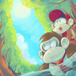 anthro backpack bottomless brown_body brown_fur carrying_another clothed clothing detailed_background duo fur hat headgear headwear looking_up low-angle_view male necktie open_mouth partially_submerged plant sky toony topwear tree water ajuka donkey_kong_(series) nintendo diddy_kong donkey_kong_(character) ape haplorhine mammal monkey primate 1:1 2019