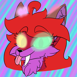 ahoge eyelashes fangs fur glowing glowing_eyes glowing_markings green_eyes hair heart_(marking) inner_ear_fluff looking_at_viewer markings purple_body purple_fur purple_inner_ear_fluff red_body red_ears red_fur red_hair sabertooth_(anatomy) teeth tongue tongue_out tuft yellow_eyes robynsnowyfoxxo robyn_(robynsnowyfoxxo) canid canine felid fox hybrid mammal prehistoric_species saber-toothed_tiger 1:1 2021 headshot_portrait hi_res portrait demigirl_(lore) nonbinary_(lore) trans_(lore) trans_woman_(lore)