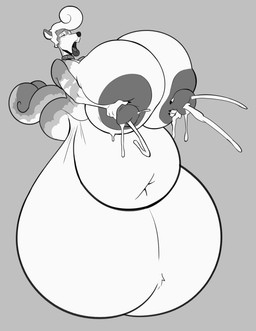 anthro balls big_balls big_breasts breasts genitals gynomorph huge_balls huge_breasts hyper hyper_balls hyper_breasts hyper_genitalia intersex milk solo thewilldpink canid canine canis domestic_dog mammal absurd_res greyscale hi_res monochrome