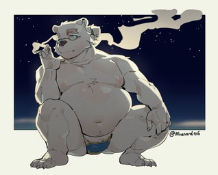 anthro belly bulge cigarette clothing crouching eyewear fupa fur glasses male moobs musclegut muscular navel night nipples overweight overweight_male pink_nipples sky smoking solo speedo star starry_sky swimwear white_body white_fur bluecard916 lifewonders tokyo_afterschool_summoners leib_(tas) bear mammal polar_bear ursine hi_res