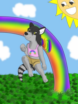 amber_eyes anthro clothing detailed_background feathered_wings feathers male parody pink_clothing rainbow rainbow_arch smiley_sun solo sun tail toony wings mercury_(artist) mammal procyonid raccoon grandfathered_content
