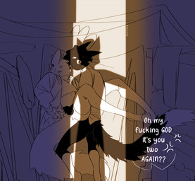 ambiguous_penetration anthro anthro_on_anthro black_body black_fur bottomless bottomless_anthro bottomless_male caught_in_the_act clothed clothing dipstick_tail doorway_light fur kneeling male male/male markings penetration sex speech_bubble tail tail_markings text nerunaur noir_(noirzvault) domestic_cat felid feline felis mammal 2025 english_text hi_res nonbinary_(lore)