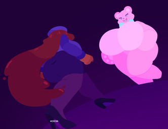 anthro big_breasts biped bottomwear breasts brown_hair butt clothed clothing duo eyelashes featureless_breasts feet female footwear front_view fully_clothed hair hat headgear headwear high_heels huge_breasts long_hair monotone_body nude nude_female pink_body plushie rear_view round_ears shoes simple_background smile text thick_thighs topwear walking cocoaberry lovedoll_toy_factory nightguard_(gremlingrounded) teddi_(gremlingrounded) animate_inanimate bear human living_plushie mammal 2026 artist_name digital_media_(artwork) flat_colors hi_res meme