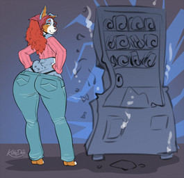 anthro big_butt biped bottomwear butt clothed clothed_anthro clothed_female clothing feet female fingers fully_clothed fully_clothed_anthro fully_clothed_female fur hair huge_butt looking_at_viewer rear_view smile solo spots standing tail toes topwear kittydee jo_adderson australian_shepherd canid canine canis domestic_dog herding_dog mammal pastoral_dog sheepdog 2026 digital_drawing_(artwork) digital_media_(artwork) hi_res