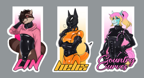 anthro black_collar black_latex blep blonde_hair blue_body brown_body brown_fur brown_hair brown_tail bulge clothed clothing collar cuff_(restraint) fangs femboy front_view fur gynomorph gynomorph_anthro hair intersex intersex_anthro latex latex_clothing latex_topwear male male_anthro markings mask multicolored_hair narrowed_eyes orange_latex pink_hair pink_tail red_tongue restraints smile solo standing striped_markings striped_tail stripes tail tail_markings teeth tongue tongue_out topwear two_tone_hair wearing_mask wrist_cuffs yellow_eyes 100racs ambiguous_species equid equine horse mammal procyonid raccoon hi_res multiple_images