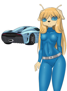 2_antennae antennae_(anatomy) anthro belt big_eyes black_nose blonde_hair blue_eyes blue_jumpsuit breasts car clothing female front_view fur grey_belt hair looking_at_viewer neutral_expression simple_background small_breasts solo standing tan_antennae tan_body tan_fur tight_clothing vehicle white_background mr-shin koenigsegg koenigsegg_regera zharar_(mr-shin) alien canid canine canis domestic_dog mammal 2025 hi_res