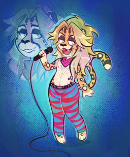 anthro barefoot belt blue_background body_hair bottomwear chest_hair chibi clothed clothing ear_piercing electronics fangs feet femboy fur hair half-closed_eyes kerchief legwear long_hair male markings microphone narrowed_eyes neckerchief neckwear open_mouth open_smile pants pattern_bottomwear pattern_clothing pattern_pants piercing simple_background smile smirk smug smug_face smug_grin solo spots spotted_body spotted_fur striped_bottomwear striped_clothing striped_pants stripes studded_belt studs teeth tights topless topless_male yellow_body yellow_fur fleetwoodbrak auggie_(fleetwoodbrak) cheetah felid feline mammal hi_res