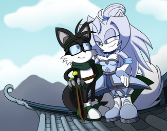 anthro armor biped black_body black_nose blue_eyes breasts cheek_tuft choker closed_smile clothed clothing countershade_face countershade_torso countershading day duo eyewear facial_tuft female fluffy fluffy_tail gem glasses gloves hair handwear head_tuft holding_melee_weapon holding_object holding_sword holding_weapon jewelry long_hair looking_at_another male male/female medium_breasts melee_weapon mouth_closed multicolored_body necklace outside rooftop scarf smile standing sword tail tuft two_tone_body weapon wearing_glasses white_body white_clothing white_countershading white_gloves white_hair white_handwear shadowwalk sega sonic_the_hedgehog_(series) arctic_fox canid canine fox mammal true_fox 2025 hi_res