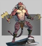 anthro armor axe bottomwear bracers clothing facial_piercing fur jewelry labrys loincloth male mostly_nude multicolored_body necklace nipple_piercing nipples nose_piercing nose_ring piercing red_body red_fur ring_piercing solo tribal two_tone_body pacelic felid mammal pantherine tiger hi_res