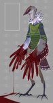 4_toes anthro avian_feet beak biped blood blood_on_hand blood_splatter bodily_fluids bottomwear brown_body brown_feathers claws clothed clothing digitigrade feather_hands feathered_arms feathered_crest feathered_wings feathers feet finger_claws green_eyes grey_body grey_feathers head_crest male multicolored_body nude simple_background solo standing sweater tail tail_feathers talons toe_claws toes topwear tuft white_body white_feathers winged_arms wings bluekiwi101 avian bird digital_media_(artwork) hi_res