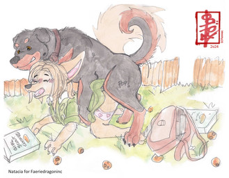 adolescent anthro anthro_on_feral bestiality big_top_small_bottom box container cookie duo female fence feral food from_behind_position grass impregnation knot knotting male male/female mounting on_grass on_ground penetration plant sex shoulder_bag size_difference size_play vaginal young fennec_(artist) girl_scout canid canine canis domestic_dog fennec_fox fox mammal mastiff molosser rottweiler true_fox