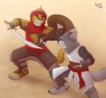 anthro clothing duo male melee_weapon shield standing sword weapon iztli assassin's_creed ubisoft canid canine canis felid leopard mammal pantherine wolf 2020 digital_media_(artwork) shaded signature