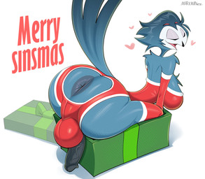 anthro anus balls big_balls big_butt box breasts butt christmas_clothing clothed clothing container erection eyes_closed feathers femboy genitals gift gift_bow gift_box giftbox gynomorph heart_symbol holidays huge_balls huge_butt intersex leotard male partially_clothed penis presenting presenting_anus presenting_balls presenting_hindquarters presenting_penis slim slim_anthro slim_male small_waist smile solo tail tail_feathers thick_penis visible_anus markmanez christmas hellaverse helluva_boss stolas_(helluva_boss) avian bird_demon demon goetia absurd_res hi_res busty_boy_(lore)