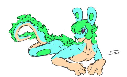 anthro back_fur black_sclera collarbone dorsal_fluff green_hair hair long_ears male membrane_(anatomy) pose solo spots webbed_hands serth the_rabbog amphibian frog hybrid lagomorph leporid mammal rabbit hi_res pinup