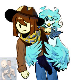 ambiguous_gender anthro blue_body blue_bottomwear blue_clothing blue_feathers blue_hair blue_pants bottomwear brown_hair clothed clothed_anthro clothed_human clothing cowboy_hat duo feathers fully_clothed fully_clothed_human hair hat headgear headwear holding_another light_body light_skin open_mouth open_smile pants simple_background smile topwear white_background white_clothing white_topwear winged_arms wings young young_human zalupa_ebanaya undertale_yellow clover_(undertale_yellow) martlet_(undertale_yellow) avian bird human mammal 2024 digital_drawing_(artwork) digital_media_(artwork) portrait reference_image three-quarter_portrait female_(lore)