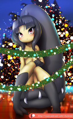 blush breasts christmas_tree convenient_censorship female garland hair hair_mouth holidays lights looking_at_viewer not_furry nude plant red_eyes sharp_teeth sitting solo teeth tree rilex_lenov christmas nintendo pokemon ashley_(rilex_lenov) generation_3_pokemon humanoid mawile pokemon_(species)