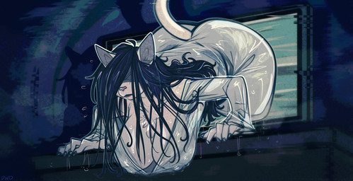 alternate_species anthro anthrofied big_breasts big_butt biped black_hair breasts butt clothing electronics female fur hair hair_over_eyes hanging_breasts huge_butt nipples nipples_visible_through_clothing screen solo television through_screen wet wet_clothing white_body white_fur dimwitdog the_ring sadako_yamamura domestic_cat felid feline felis mammal 2021 digital_media_(artwork) hi_res