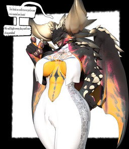 anthro big_breasts breasts claws clothed clothing female horn scales simple_background smile solo spikes text wings anaroth capcom monster_hunter mythology elder_dragon nergigante scalie 3d_(artwork) digital_media_(artwork) english_text hi_res