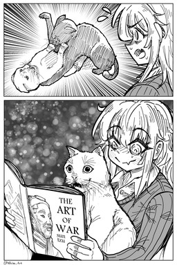 2_panel_comic abstract_background ambiguous_gender book clothed clothing duo eyebrow_through_hair eyebrows feral fur group hair holding_book holding_object humor open_book open_mouth reading size_difference smaller_ambiguous smaller_feral smile text topwear translucent translucent_hair trio whiskers nhim the_art_of_war domestic_cat felid feline felis human mammal 2025 comic english_text hi_res monochrome