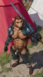2022 abs absurd_res anthro armor armwear barazoku bear beard big_bulge big_muscles blue_eyes body_hair boots brown_hair bulge camp chest_hair clothed clothing cock_armor codpiece couter cuisse day detailed_background digital_media_(artwork) dirt ear_piercing ear_ring eyebrows facial_hair footwear fur gauntlets gloves grass greaves hair handwear happy_trail henry_harris_baxter hi_res high-angle_view holding_melee_weapon holding_object holding_sword holding_weapon humanoid_body_hair knight legwear light male mammal melee_weapon mickey_the_retriever muscular muscular_anthro muscular_male mustache navel nipple_piercing nipple_ring nipples obliques outside pauldron pecs piercing plant poleyn pubes rerebrace ring_piercing rock shadow solo standing straps sunlight sword tent text thigh_highs thong topless topless_anthro topless_male tuft unconvincing_armor underwear url vambrace warrior weapon zweihander