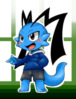 antennae_(anatomy) anthro blue_body blue_skin blush bottomwear clothed clothing fangs gesture hand_gesture hand_in_pocket hoodie male pockets pointing shorts simple_background smile solo teeth topwear young young_anthro doneru levor scalie 2012
