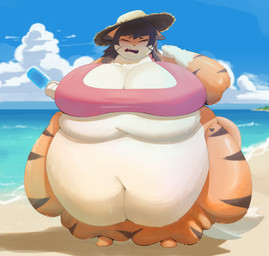 anthro beach belly belly_overhang big_belly big_breasts blush bodily_fluids breasts cleavage clothed clothing cloud double_chin eyes_closed fat_legs fat_rolls female food hat headgear headwear heat_(temperature) holding_food holding_object holding_popsicle huge_belly huge_breasts morbidly_obese morbidly_obese_anthro morbidly_obese_female obese obese_anthro obese_female open_mouth outside overweight overweight_anthro overweight_female popsicle standing sun_hat sweat sweaty_belly kamisoriga catkey_(huhunya) felid mammal pantherine tiger absurd_res hi_res