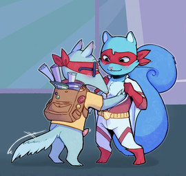 anthro backpack blue_body blue_fur blush bodysuit bottomless bottomless_anthro bottomless_male buckteeth clothed clothing duo erection eyewear footwear fur genitals glasses gloves hair handwear male male/male mask open_bodysuit penis shirt shoes skinsuit snout standing tail teeth tight_clothing tongue tongue_out topwear wearing_glasses anonpupb happy_tree_friends sniffles_(htf) splendid_(htf) anteater flying_squirrel mammal pilosan rodent sciurid tree_squirrel xenarthran digital_media_(artwork) hi_res