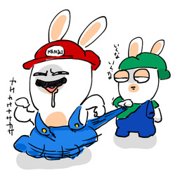 anthro arms_bent backwards_hat black_eyes black_facial_hair black_mustache blue_clothing blue_overalls bodily_fluids button_(fastener) clothed clothed_anthro clothed_male clothing drooling duo facial_hair fist fully_clothed fully_clothed_anthro fully_clothed_male fur green_clothing green_hat green_headwear green_shirt green_topwear hat headgear headwear holding_clothing holding_object holding_overalls long_ears looking_at_another male male_anthro motion_lines multicolored_body mustache narrowed_eyes no_eyebrows no_pupils noseless open_mouth open_smile overalls pink_mouth red_clothing red_hat red_headwear running saliva shirt shirtless_anthro shirtless_male short_legs simple_background smile squint tan_body tan_eyelids tan_inner_ear tan_skin text text_on_clothing text_on_hat text_on_headwear topwear two_tone_body white_background white_body white_fur osirisky mario_bros mario_plus_rabbids_kingdom_battle mario_plus_rabbids_sparks_of_hope nintendo raving_rabbids rayman_(series) ubisoft rabbid_luigi rabbid_mario lagomorph mammal rabbid 1:1 2022 colored crossover digital_drawing_(artwork) digital_media_(artwork) japanese_description japanese_text shaded translation_request