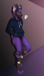 anthro antlers barefoot blue_markings blue_pawpads bored bottomless brown_body brown_fur brown_markings clothed clothing feet fur hair hand_in_pocket hands_in_both_pockets hoodie horn leaning_on_wall male markings multicolored_body partially_clothed pawpads pockets purple_body purple_fur purple_hair scut_tail short_tail solo standing tail topwear yellow_eyes larkinc ping_(superpingmc) canid canine canis deer domestic_dog hybrid mammal hi_res