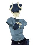 2_horns belt bone clothed clothing fingerless_gloves floating_hands floating_head fully_clothed gloves handwear hat headgear headwear horn male shirt skull skull_head solo t-shirt topwear kogito friday_night_funkin' fan_character tabi_(fnf) humanoid hi_res