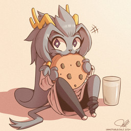 accessory alternate_costume anthro antlers black_clothing black_legwear black_stockings chibi clothing container cookie diamond_eyes eating eyelashes female floppy_ears food fur glass glass_container glass_of_milk grey_body grey_fur grey_hair hair hair_accessory hair_ring horn legwear light looking_aside lop_ears milk milk_container purple_eyes shadow simple_background sitting solo stockings sweater tail tan_background text topwear white_clothing white_sweater white_topwear yellow_horn unnotablejulz pseudoregalia sybil_(pseudoregalia) bovid caprine goat jackalope lagomorph mammal 1:1 2024 artist_name dated hi_res lighting signature