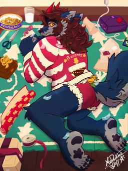 box claws container cookie embarrassed embarrassed_male feet food gift gift_bow gift_box gift_wrapped holidays male male/male milk pawpads paws shy toe_claws yule mrdarknesswolf christmas mythology mrdarknesswolf_(character) canid canine canis demon hybrid mammal mythological_canine mythological_creature werecanid werecanine werecreature werewolf wolf 3:4 absurd_res hi_res