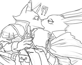 anthro blush clothed clothing duo exclamation_point female interrobang kiss_on_lips kissing male narrowed_eyes notched_ear question_mark simple_background surprise_kiss topwear wide_eyed kuttoyaki lagomorph leporid mammal rabbit 5:4 monochrome