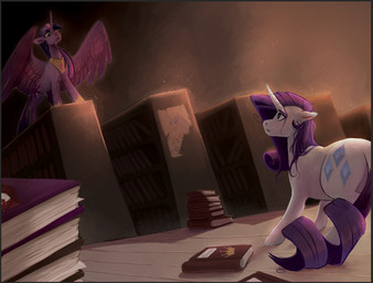 book duo female feral horn library looking_down particles regalia wings worried maxiima friendship_is_magic hasbro my_little_pony mythology rarity_(mlp) twilight_sparkle_(mlp) equid equine mammal mythological_creature mythological_equine unicorn winged_unicorn digital_media_(artwork) digital_painting_(artwork) painting_(artwork)