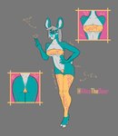 anthro biped blue_body blue_eyes blue_fur breasts butt circles clothing female fluffy fluffy_tail fur gesture hand_gesture hand_on_hip legwear pattern_clothing pose solo stockings tail v_sign white_body white_fur alicethedeer deer mammal digital_media_(artwork) full-length_portrait hi_res pinup portrait