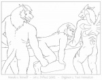 2002 anthro bandai_namco digimon digimon_(species) drhoz english_text erection felid fur genitals group group_sex hair imminent_sex leomon line_art lion male male/male mammal monochrome nanaki nude pantherine penis sex simple_background submissive submissive_male text threesome trio weregarurumon white_background