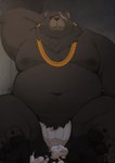 anthro belly big_belly black_body black_nose bodily_fluids cum cum_on_ground genital_fluids kemono male moobs navel nipples overweight overweight_male scar sitting solo l4zily mihoyo zenless_zone_zero ben_bigger bear mammal 2022 absurd_res hi_res