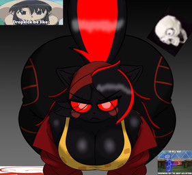 alternative_fashion anthro bent_over big_butt black_body breasts butt cleavage clothed clothing female front_view goth huge_butt jacket looking_at_viewer red_eyes solo topwear xionthedog pursuitcore tac9_(pursuitcore) domestic_cat felid feline felis lolcat_(species) mammal hi_res