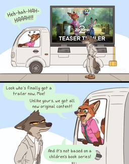 anthro biped brown_body brown_fur clothed clothing dialogue duo eyebrows fur male necktie open_mouth open_smile pink_clothing pink_shirt pink_topwear shirt smile speech_bubble tail text topwear vehicle aar0njay disney dreamworks the_bad_guys zootopia gary_de'snake judy_hopps mr._wolf_(the_bad_guys) nick_wilde canid canine canis fox mammal wolf 2025 comic english_text hi_res