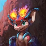 big_ears feral fire flaming_horn green_eyes iris looking_at_viewer male membrane_(anatomy) membranous_wings mountain outside quadruped red_body smile solo wings young young_feral carina_scyrina league_of_legends mythology riot_games tencent smolder_(lol) dragon mythological_creature mythological_scalie scalie 1:1