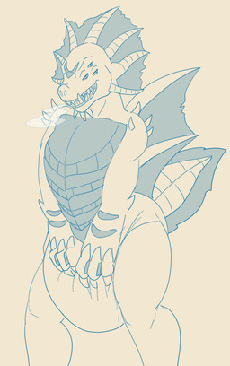 ageplay anthro arm_spikes big_diaper bodily_fluids chin_spikes clothed clothing diaper dorsal_frill facial_spikes fangs frill_(anatomy) genital_fluids head_crest head_frill infantilism looking_at_viewer male male_anthro multi_eye open_mouth roleplay shoulder_spikes simple_background solo spikes spikes_(anatomy) standing striped_arms teeth unclean_diaper urine used_diaper wearing_diaper wet_diaper hardscales species_request hi_res monochrome