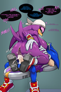5_fingers anthro anus balls beak biped blue_balls blue_body bodily_fluids breasts butt clothing cowgirl_position cum cum_in_vagina cum_inside dialogue duo extreme_gear eye_roll eyelashes feathers female female_on_top female_penetrated fingers footwear from_front_position genital_fluids genitals glistening glistening_body gloves hand_on_butt hand_on_leg hand_on_own_butt hand_on_thigh handwear heart_symbol holding_butt humanoid_genitalia humanoid_penis interspecies looking_pleasured male male/female male_on_bottom male_penetrating male_penetrating_female mostly_nude mostly_nude_anthro mostly_nude_female mostly_nude_male non-mammal_breasts non-mammal_vulva on_bottom on_top penetration penile penile_penetration penis penis_in_vagina pupils purple_body purple_feathers red_clothing red_footwear red_shoes sex shoes side_boob speech_bubble sweat text thick_thighs vaginal vaginal_penetration vulva white_clothing white_gloves white_handwear kappa_spark sega sonic_riders sonic_the_hedgehog_(series) sonic_the_hedgehog wave_the_swallow avian bird eulipotyphlan hedgehog hirundinid mammal oscine passerine swallow_(bird) 2026 2:3 absurd_res english_text hi_res
