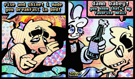 2_panel_comic alcohol anthro beer beer_bottle beverage bottle bow_tie cigarette cigarette_in_mouth clothing container dialogue duo floppy_ears fur grin half-closed_eyes humor male narrowed_eyes object_in_mouth overalls shirt smile smoking_tobacco speech_bubble tank_top text tongue tongue_out topwear white_body white_fur yellow_body yellow_fur rawdawgcomics bingus_(rawdawgcomics) stahli_(rawdawgcomics) bird_dog canid canine canis domestic_dog golden_retriever hunting_dog lagomorph leporid mammal rabbit retriever english_text hi_res
