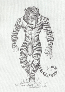 abs anthro bodily_fluids cum cum_string foreskin front_view fur genital_fluids genitals grass hair half-erect humanoid_genitalia humanoid_penis long_hair looking_at_viewer male male_anthro markings muscular muscular_anthro muscular_male navel nude open_mouth pecs penis plant pubes simple_background solo standing striped_arms striped_body striped_fur striped_legs striped_markings striped_tail stripes tail tail_markings vein veiny_penis hufnaar felid mammal pantherine tiger hi_res monochrome painting_(artwork) sketch traditional_media_(artwork) traditional_painting_(artwork)