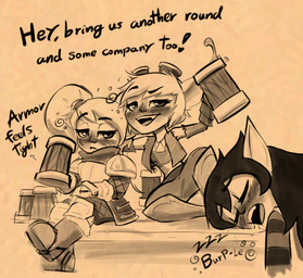 alcohol armor beer beverage blush bodily_fluids boots bubble burping clothed clothing dialogue drinking drooling drunk drunk_bubble eyes_closed eyewear eyewear_on_head female footwear furniture gloves goggles goggles_on_head group handwear looking_at_viewer not_furry on_table open_mouth saliva shoes simple_background sitting sleeping substance_intoxication table talking_to_viewer tankard text topwear trio vest soulcentinel league_of_legends riot_games tencent lulu_(lol) poppy_(lol) tristana_(lol) humanoid yordle english_text monochrome